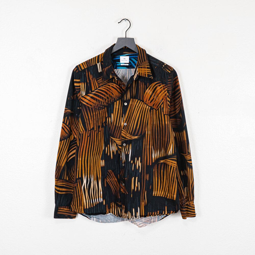 Paul Smith Tailored Fit Striped Waves Button up Shirt Brown black sz Large